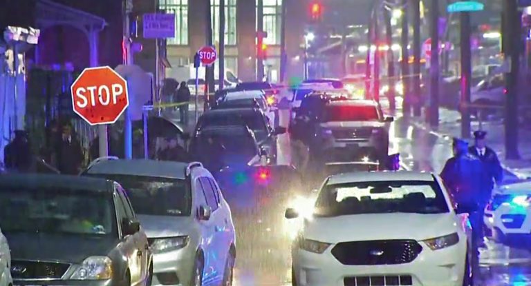 Police converge on Bridge Street in Philadelphia's Frankford neighborhood, where a police officer was shot and killed while serving a warrant. (NBC10)
