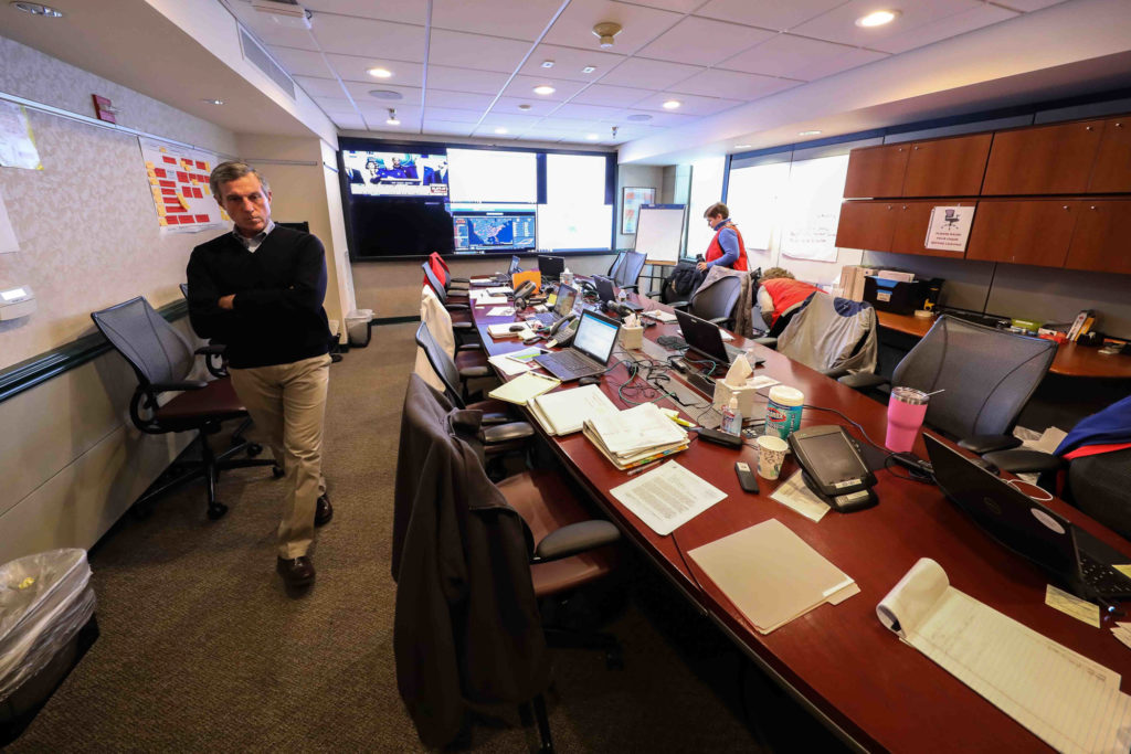 News 2020 – Mar 16 – Governor Carney visit the State Health Operations Center Governor John Carney visits the State Health Operations Center on Monday. March 16, 2020, in Smyrna, Del. (Saquan Stimpson for WHYY)