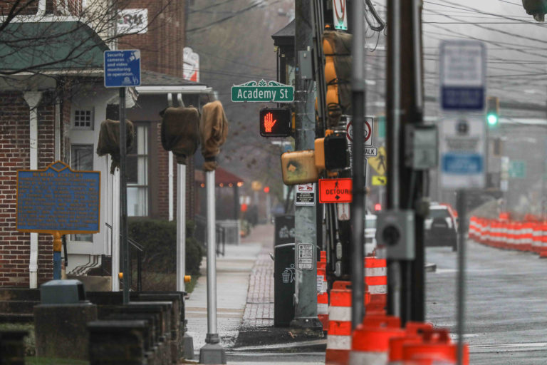 Main Street on the campus of the University of Delaware is completely deserted Monday. March 23, 2020, in Wilmington, Del. (Saquan Stimpson for WHYY)