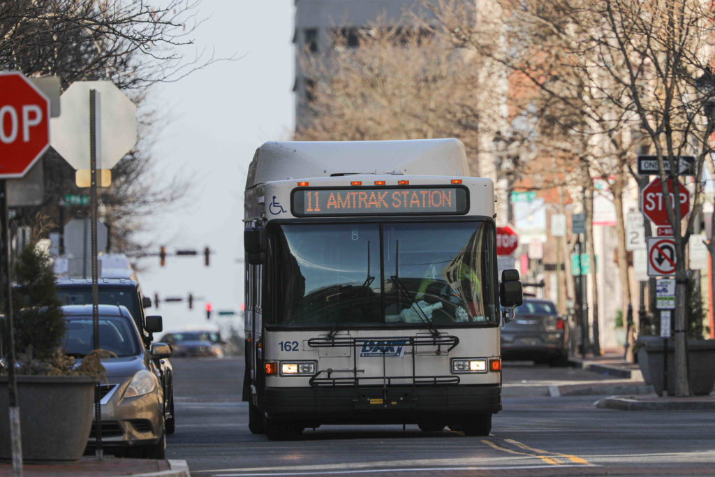 News 2020 – Mar 26 – Wilmington Delaware sees a reduction in activity due to the stay at home order. A DART bus travels down Market Street in Wilmington, Delaware
