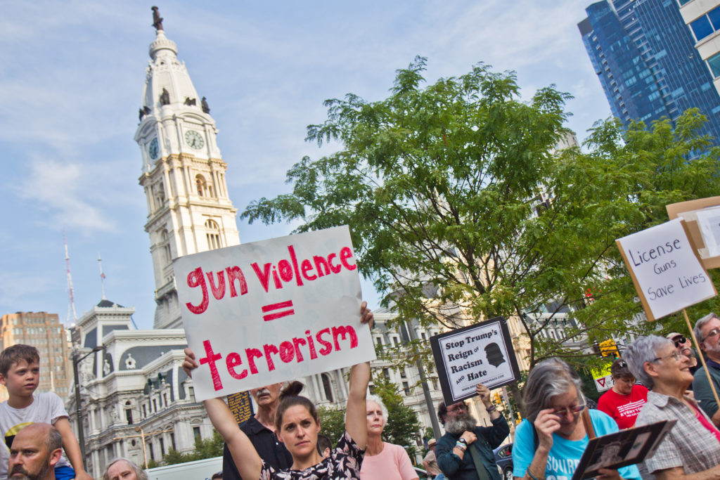 Protestors with CeasefirePa gathered at Love Park in Philadelphia in August 2019 to stand against gun violence nationally and locally. (Kimberly Paynter/WHYY)