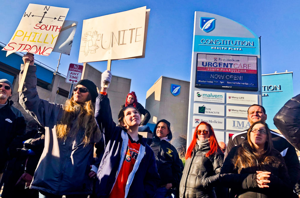 Protesters of Safehouse, the proposed supervised injection clinic in Philadelphia gathered outside Constitution Health Plaza on Saturday. (Nina Feldman/WHYY)