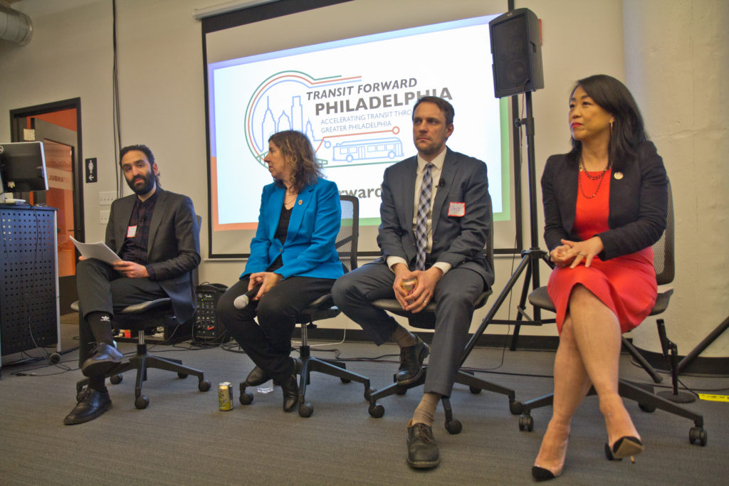 2020 3 05 k paynter transit forward philadelphia-4 Transit Forward Philadelphia organizer Yasha Zarrinkelk (left) hosted a panel discussion with SEPTA General Manager Leslie Richards, (second from left) Chris Puchalsky, director of policy and strategic initiatives for Philadelphia’s Office of Transportation, Infrastructure and Sustainability, (second from right) and City Councilmember Helen Gym at Azavea. (Kimberly Paynter/WHYY)
