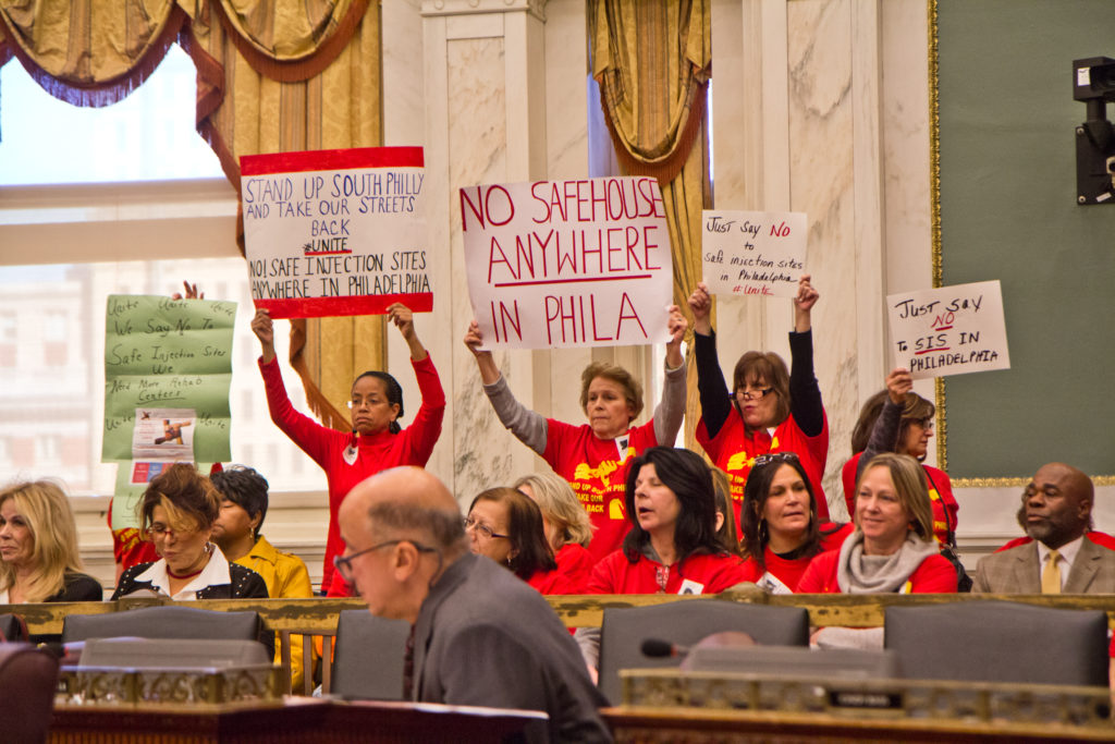 2020 3 09 k paynter safehouse hearing-4 A coalition of South Philadelphia residents cheer opponents of safe injections sites at a hearing in City Council.