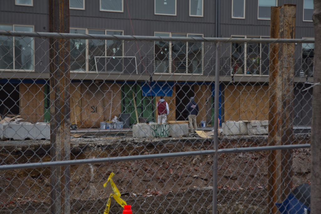 2020 3 19 k paynter reed street construction-2 Construction workers on the job at 19th and Reed streets in South Philadelphia in March 2020. (Kimberly Paynter/WHYY)