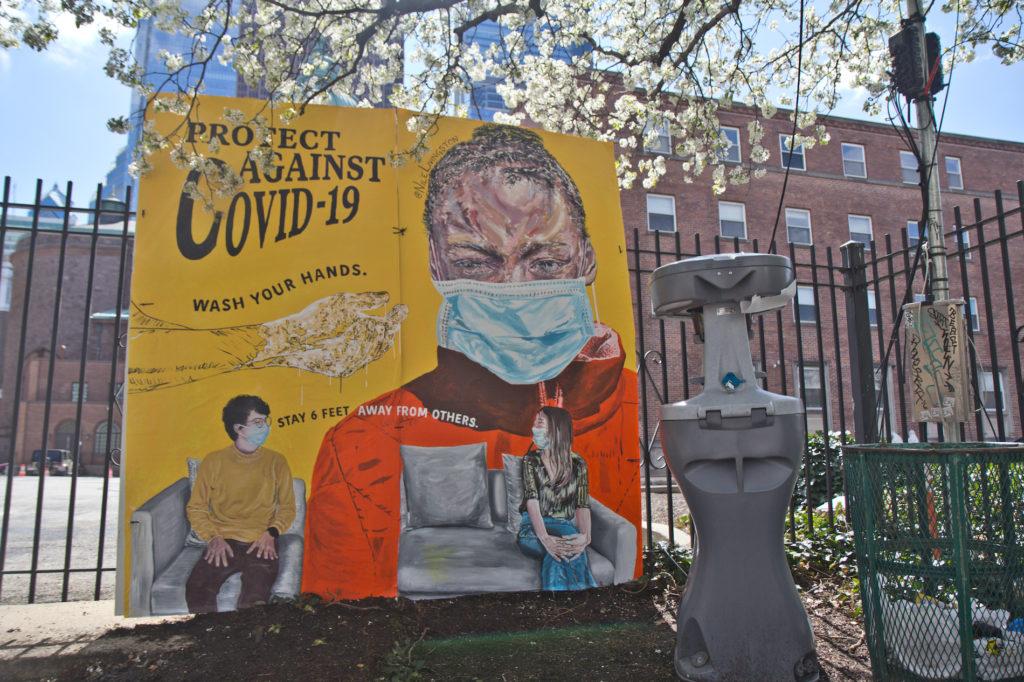 2020 3 24 k paynter handwashing murals-3 A mural created by artist Nile Livingston was installed at 17th and Vine streets along with a public hand washing station meant for people who are living with housing instability. (Kimberly Paynter/WHYY)