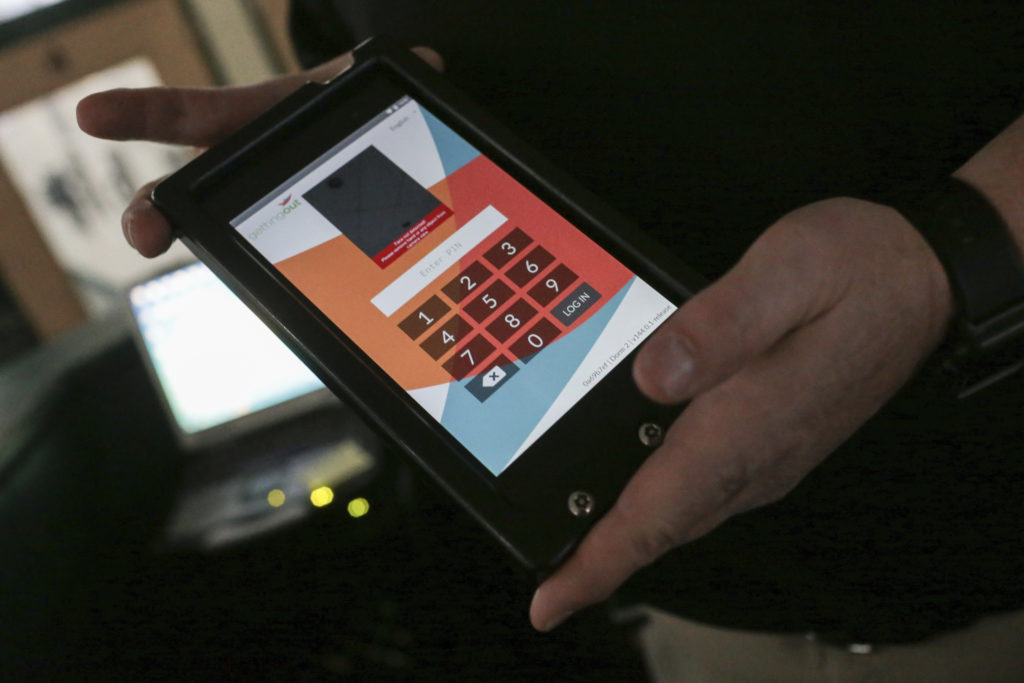 In this Nov. 14, 2017 photo, a Telmate tablet that allows inmates to surf the Internet, play games, and video chat with friends and family is displayed at the Bonneville County Jail in Idaho Falls, Idaho. (John Roark/The Idaho Post-Register via AP)