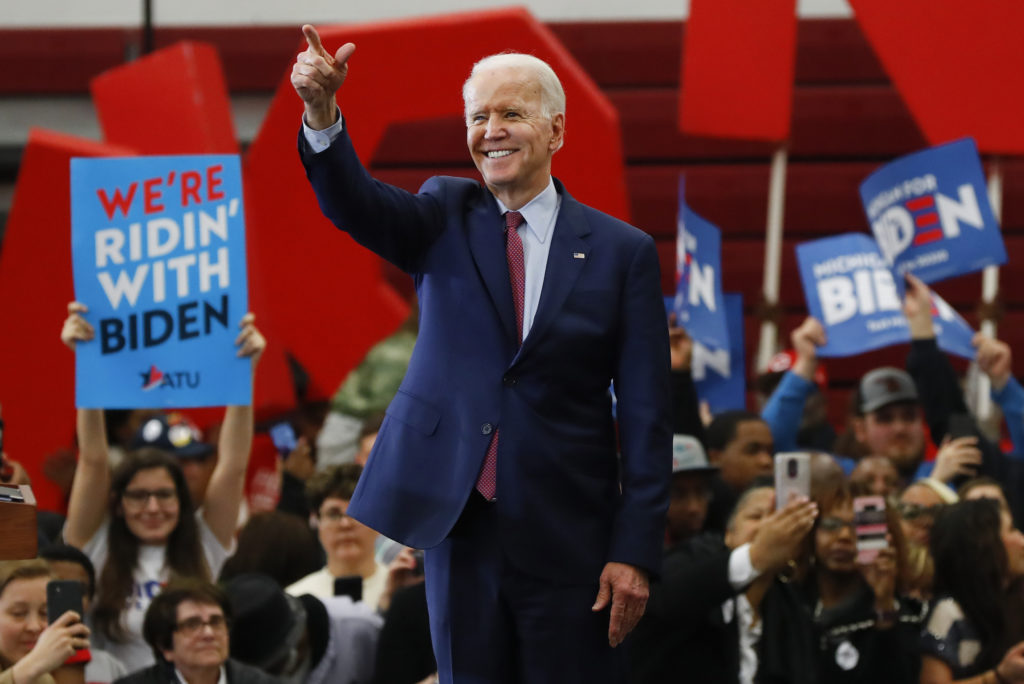 Joe Biden Democratic presidential candidate former Vice President Joe Biden speaks during a campaign rally at Renaissance High School in Detroit, Monday, March 9, 2020. (AP Photo/Paul Sancya)