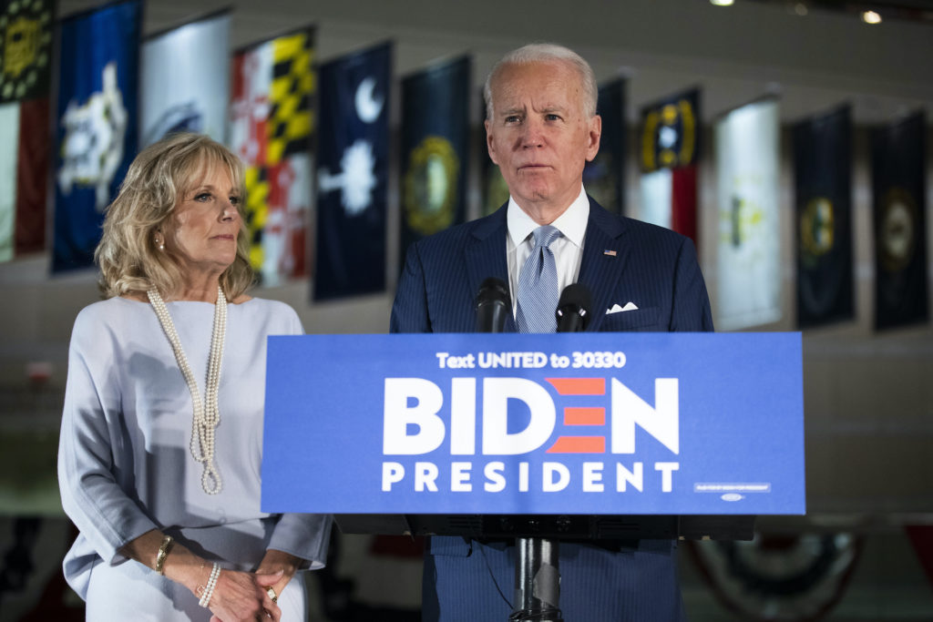 Joe Biden Democratic presidential candidate former Vice President Joe Biden, accompanied by his wife Jill, speaks to members of the press at the National Constitution Center in Philadelphia, Tuesday, March 10, 2020. (Matt Rourke/AP Photo)