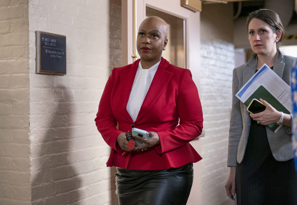 Ayanna Pressley Rep. Ayanna Pressley, D-Mass., and other House Democrats arrive to meet with Speaker of the House Nancy Pelosi, D-Calif., on Capitol Hill in Washington. (J. Scott Applewhite/AP Photo, File)