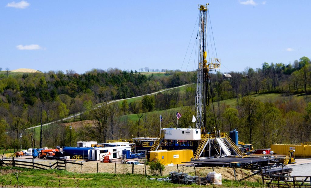 BRADFORD-COUNTY-DRILL-2010-e1574437831461 In this April 23, 2010 photo, a Chesapeake Energy natural gas well site is seen near Burlington, Pa., in Bradford County. (Ralph Wilson/AP Photo)