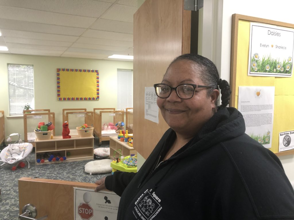 Beecham Teaching assistant Shariece Beecham says she will keep going in Babes on the Square Too to care for babies and infants. (Cris Barrish/WHYY)