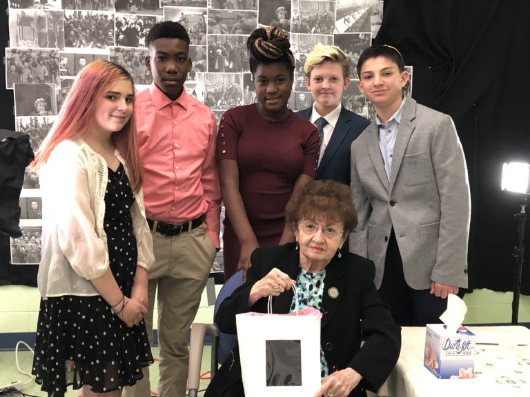 (L - R) Becky Lerman, Jaseem Giles, Izanee Bryant, Daniel Bryerman, Skyler Sholder  pose with 
 Goldie Finkelstein. (Courtesy Kellman Brown Academy)