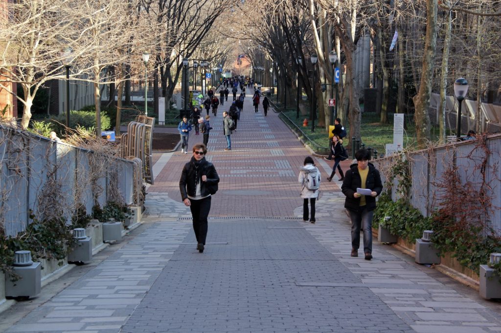penn Students walking on a path on campus