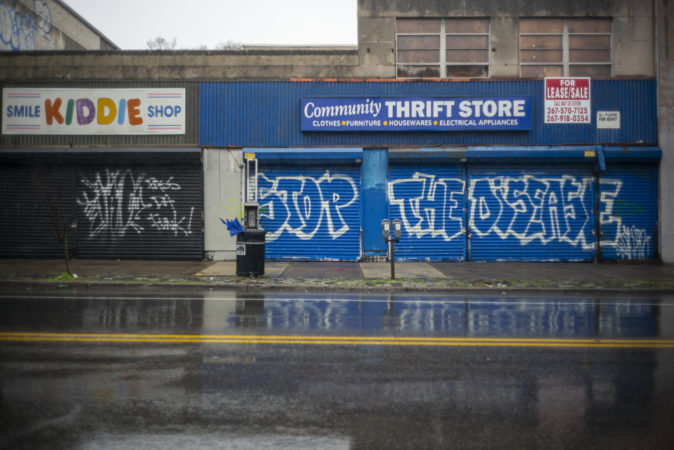 Stores on Chelten Ave. in the Germantown section of Philadelphia are closed during the stay-at-home order. (Jessica Kourkounis for Keystone Crossroads)