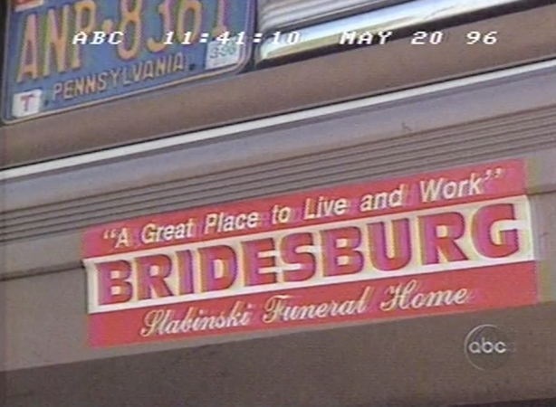 A bumper-sticker for the Slabinski Funeral Home appeared in Nightline's 1996 coverage of Bridesburg. (Vanderbuilt Television News Archive)