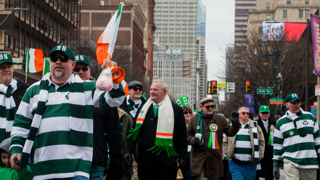 St_Patricks_Parade-3 State Supreme Court Justice Kevin Dougherty marched with Electricians Local Union 98 during the 2017 Saint Patrick's Day Parade, in Philadelphia. (Brad Larrison for WHYY)