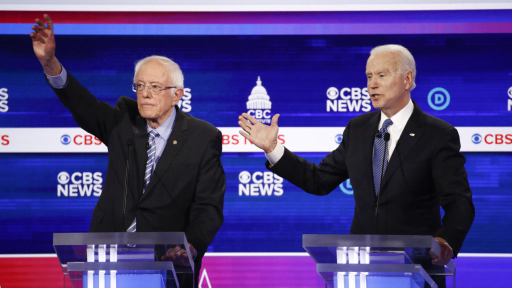Sen. Bernie Sanders and former Vice President Joe Biden, seen here at the South Carolina Democratic debate, square off Tuesday in states including Michigan and Washington. Sen. Bernie Sanders and former Vice President Joe Biden, seen here at the South Carolina Democratic debate, square off Tuesday in states including Michigan and Washington. (Patrick Semansky/AP Photo)