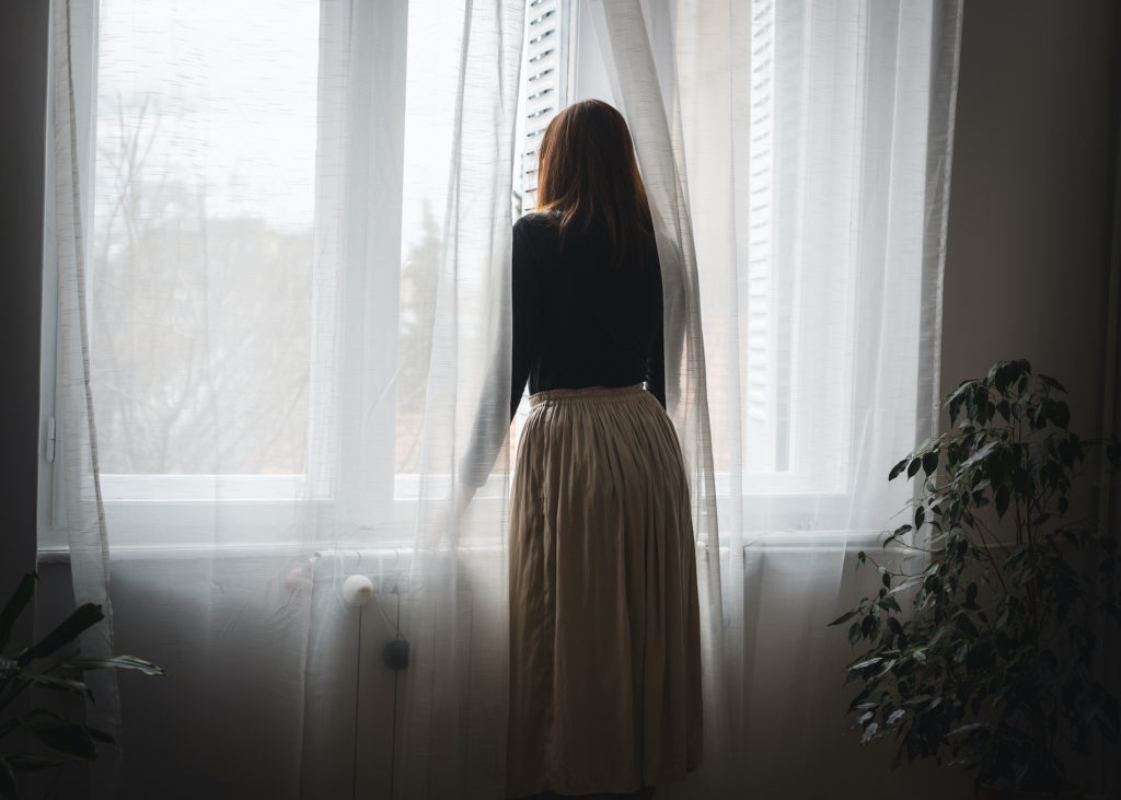 Woman At Window. Woman Opening Curtains At Home. Modern Lifestyle. Rear View Woman Opening Curtains. (Bigstock/Mihailo K)