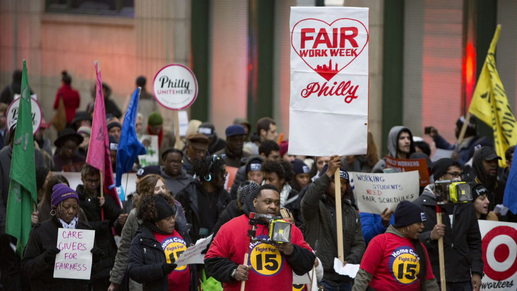 fairworkweek-rally Fast food and retail workers rally for a 'fair workweek' in 2018 JAMES BLOCKER / PHILADELPHIA INQUIRER VIA BROKE IN PHILLY