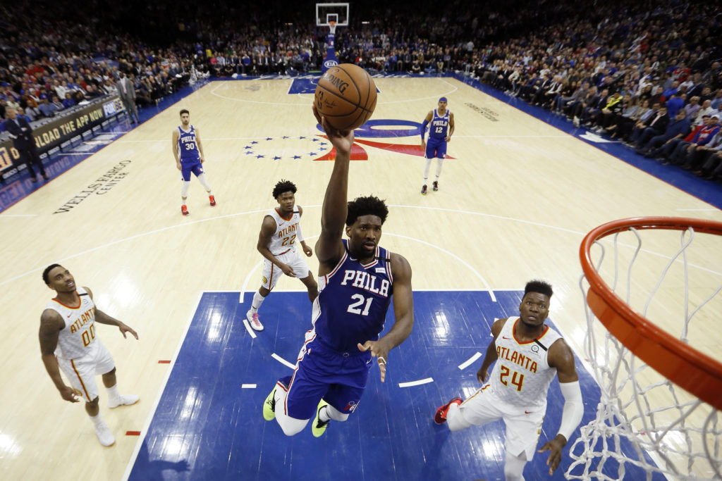 Joel Embiid Philadelphia 76ers' Joel Embiid (21) goes up to shoot during the first half of an NBA basketball game against the Atlanta Hawks, Monday, Feb. 24, 2020, in Philadelphia. (AP Photo/Matt Slocum)