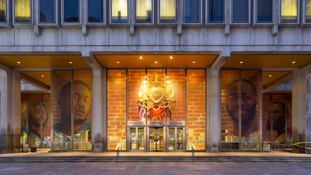 msb-portraitsofjustice-muralarts 'Portraits of Justice' was a public art installation by and about formerly incarcerated people, displayed on Philly's Municipal Services Building in 2018STEVE WEINIK / MURAL ARTS