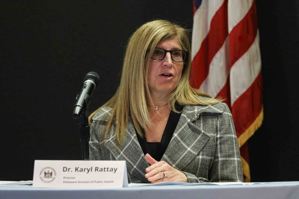 News 2020 – APR 03 – Delaware Governor John Carney answers questions regarding Delaware’s response to coronavirus disease Dr. Karyl Rattay, Director, Delaware Division of Public Health answers questions regarding Delaware’s response to coronavirus disease during a press briefing at the Carvel State Office building in Wilmington, DE.
(Saquan Stimpson / WHYY)