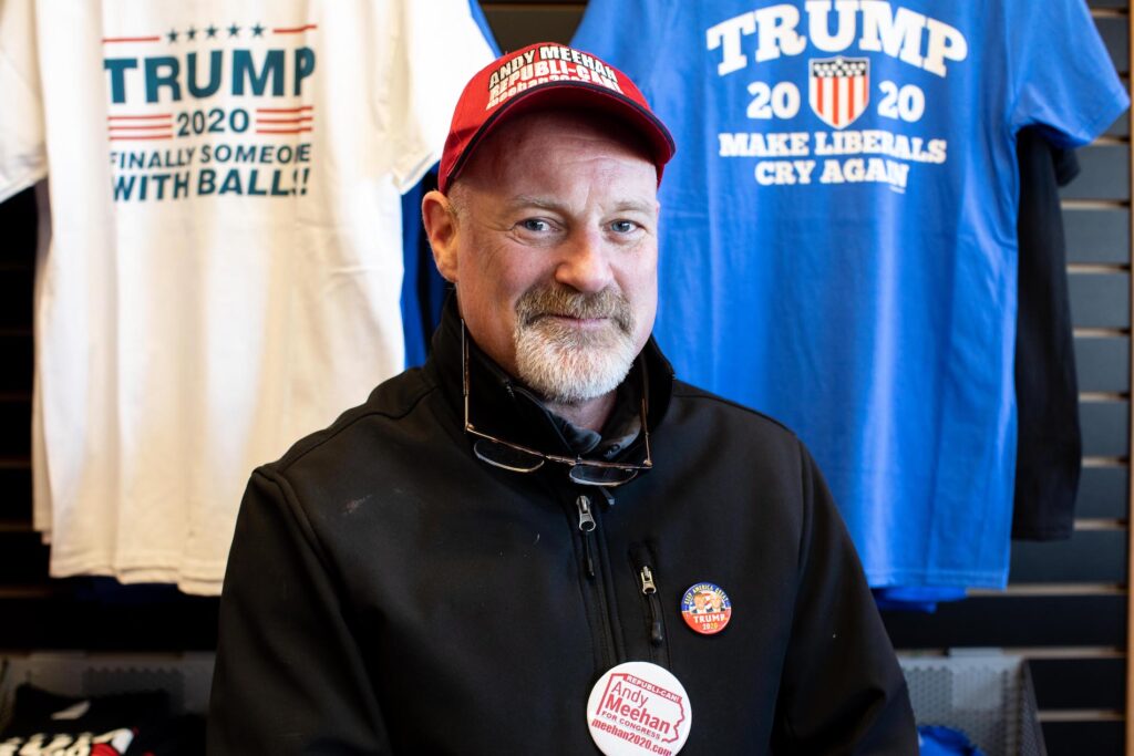 2020 02 15-b haydu-trump store bensalem pennsylvania-2 Andy Meehan is running for Congress in Pennsylvania's First Congressional District against incumbent Republican Brian Fitzpatrick. In February, he found the Trump Store to be a great location to collect signatures for the ballot. (Becca Haydu for WHYY)
