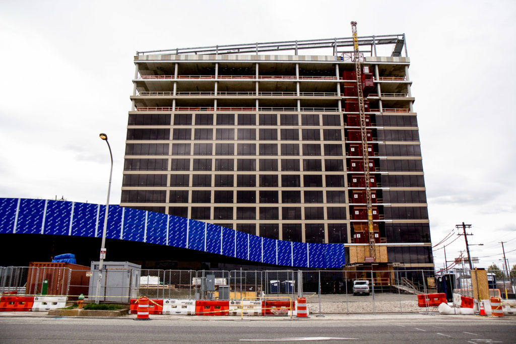 The new Live! Hotel & Casino under construction at 900 Packer Ave. in South Philadelphia. (Kimberly Paynter/WHYY)