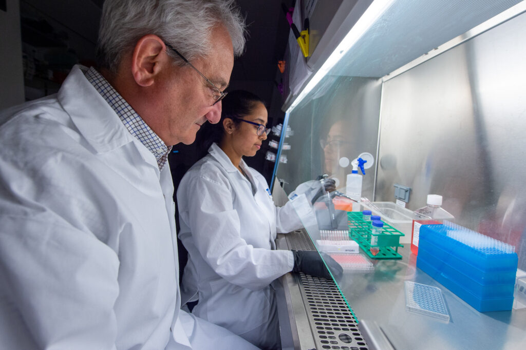 2020 04 14-provided-david weiner ami patel-wistar institute-vaccine development Dr. David Weiner and Dr. Ami Patel work on synthetic DNA technology.