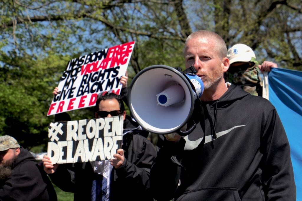 2020 04 22-e elee-jim mcguckin-dover-reopen protest Rally organizer Jim McGuckin urges the Delaware government to allow businesses to reopen