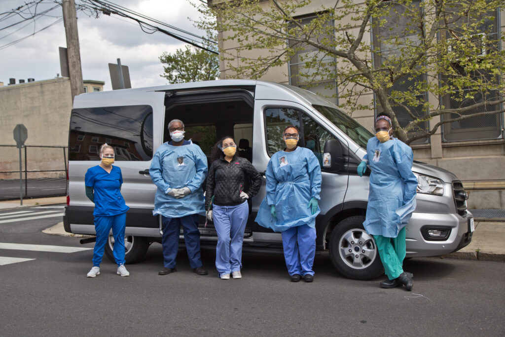 2020 4 16 k paynter Black doctors COIVID-19 testing Dana Heller, 3rd medical student, Dr. Pierre Chanson, Natalie Gonzalez, 4th year medical student, Dr. Renell Dupree, and Dr. Ala Stanford, are part of the Black Doctors COVID-19 consortium. They are taking mobile testing at-risk zip codes in Philadelphia. (Kimberly Paynter/WHYY)