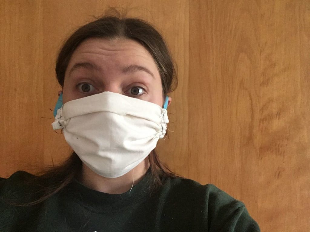 920D8D97-319B-48CE-A791-BB70109A2B5D WHYY reporter Sabrina Emms, wearing a mask made from a T-shirt according to a design found in the New York Times. (Courtesy of Sabrina Emms)