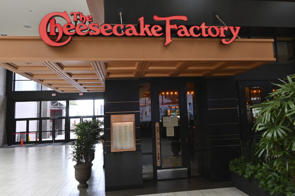 A view of a closed Cheesecake Factory restaurant in Cerritos, California. (Kirby Lee via AP Photo)