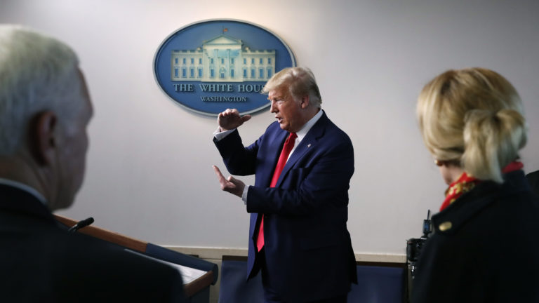 President Donald Trump speaks about the coronavirus in the James Brady Press Briefing Room of the White House in Washington, as Vice President Mike Pence and Dr. Deborah Birx, White House coronavirus response coordinator, listen.(Alex Brandon, AP Photo, File)