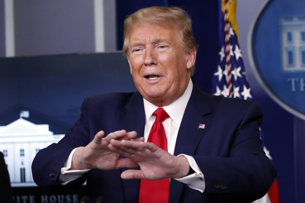 Donald Trump President Donald Trump speaks about the coronavirus in the James Brady Press Briefing Room of the White House, Monday, April 20, 2020, in Washington. (AP Photo/Alex Brandon)