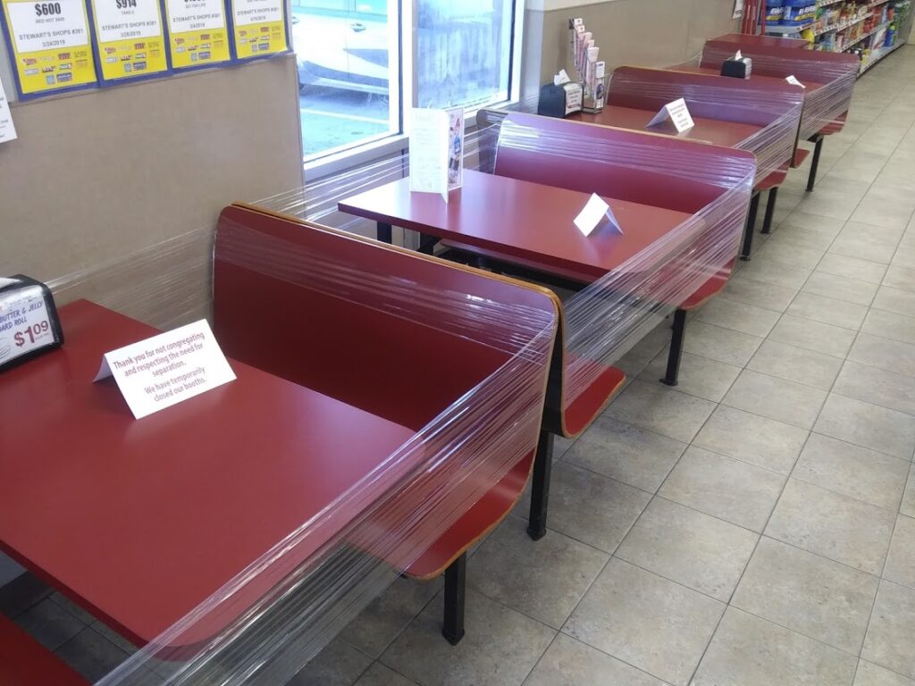 Daniel-Case-Closed-off_tables_during_COVID-19_pandemic_Stewarts_Shops_Walden_NY No work, no service at this restaurant. (Credit: Daniel Case via Creative Commons CC BY-SA 4.0)