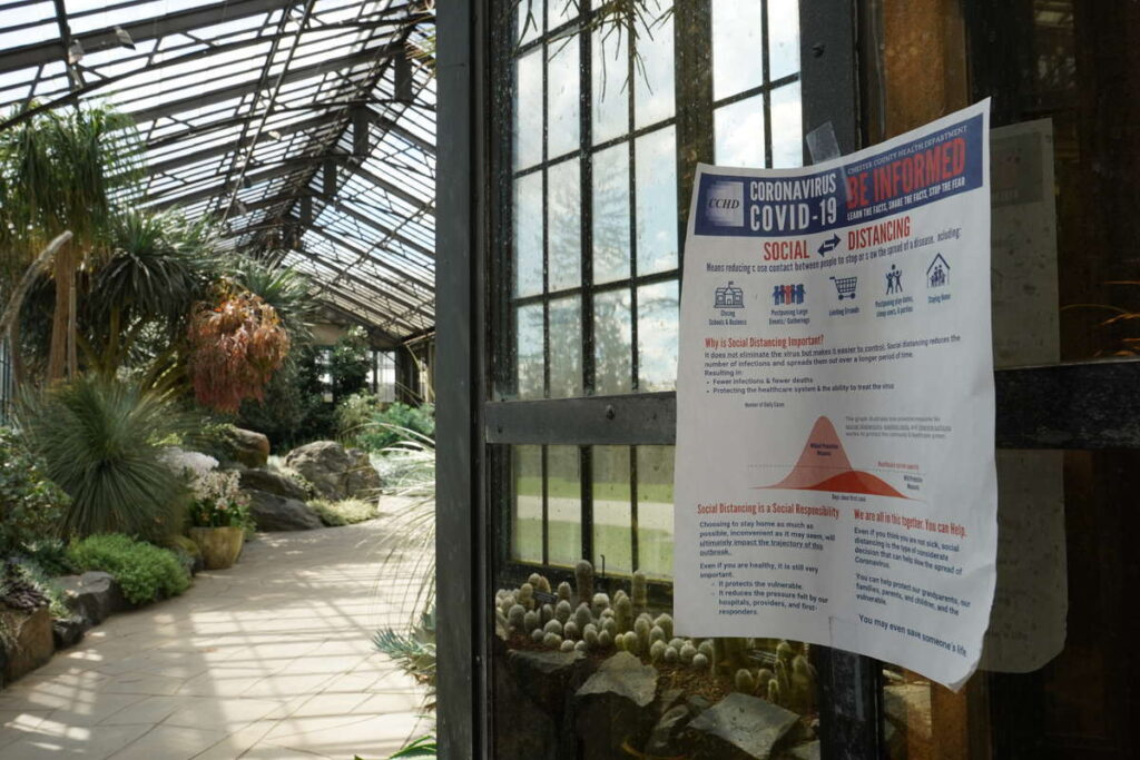 Longwood Signs are posted throughout the conservatories and in all buildings at Longwood Gardens where essential staff are working during the coronavirus shutdown. (Courtesy of Longwood Gardens/Carol Gross)