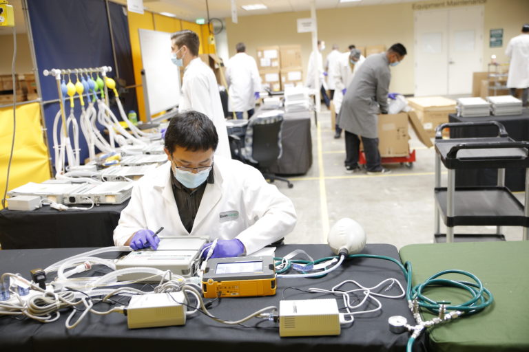 The Bloom crew at the company's Sunnyvale, California plant have refurbished more than 1,000 ventilators for that state. (Courtesy of Bloom Energy)