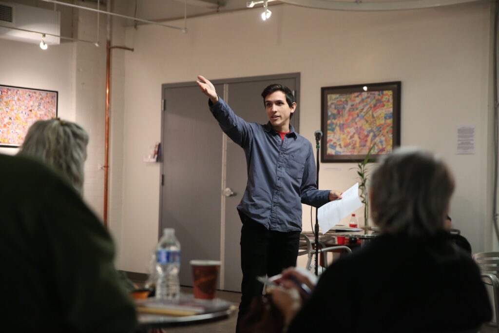 Photo by Natalie Kolb Reading-based poet Anthony Orozco reads poems at the GoggleWorks Center for the Arts. (Courtesy of Natalie Kolb)