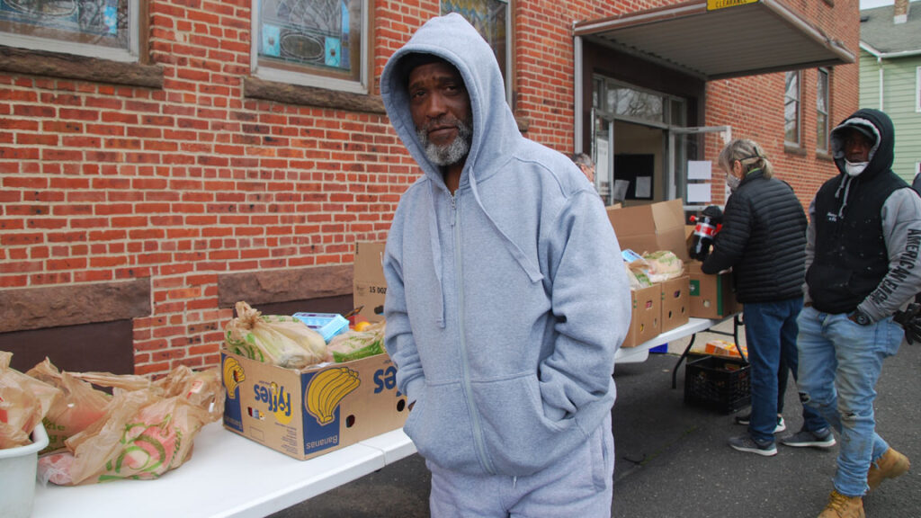 Roderick-Sanders-at-Long-Branch-food-pantry-04.10.20 Roderick Sanders came to pick up food at a Long Branch food pantry after losing his job in a local restaurant. (Jon Hurdle/NJ Spotlight)