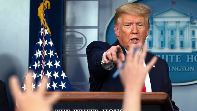 President Trump speaks during the daily briefing on the novel coronavirus this week.
(Jim Watson/AFP via Getty Images)
