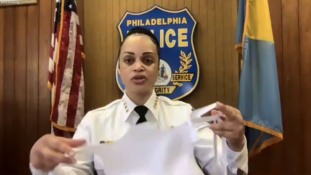 PPD Commissioner Danielle Outlaw holds up one of the temporary masks being used by dispatch workers. (Zoom Screenshot)