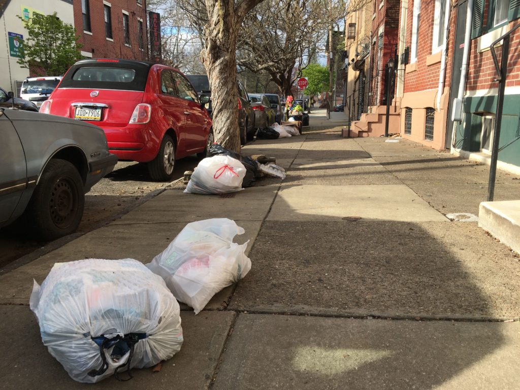 Trash pickup delays City sanitation workers did not make their usual stop on this Kensington block on April 1, 2020. (Catalina Jaramillo/WHYY)