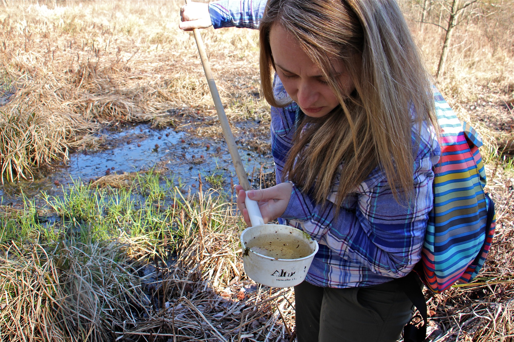 Autumn Angelus inspects a sample drawn from a vernal pool at Elmer Lake Wildlife Management Area. (Emma Lee/WHYY)
