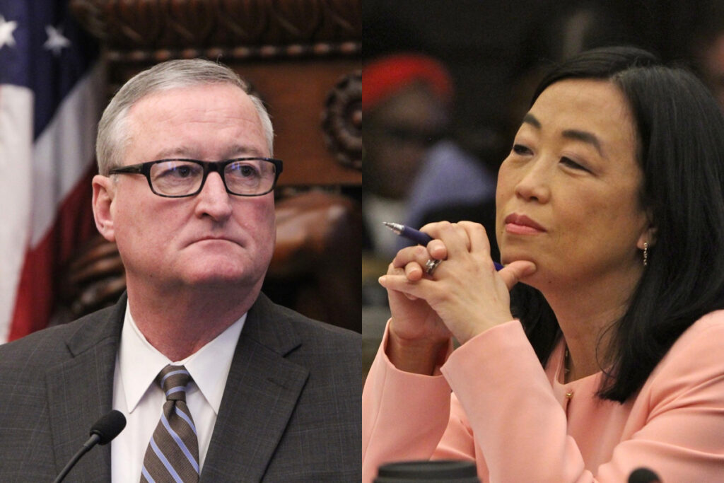 2020 05 26-e lee-jim kenney helen gym-philadelphia city hall City Councilmember Helen Gym and Mayor Jim Kenney. Gym has challenged proposed cuts to city housing programs. (Emma Lee/WHYY)