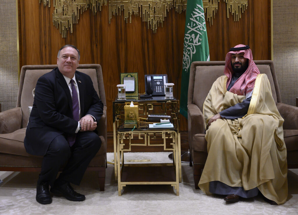 Mike Pompeo, Mohammed bin Salman U.S. Secretary of State Mike Pompeo, left, meets with Saudi Arabia's Crown Prince Mohammed bin Salman at Irqah Palace, in Riyadh Saudi Arabia, Thursday, February 20, 2020. Pompeo met with King Salman in the capital, Riyadh, on Thursday. (Andrew Caballero-Reynolds/Pool via AP)