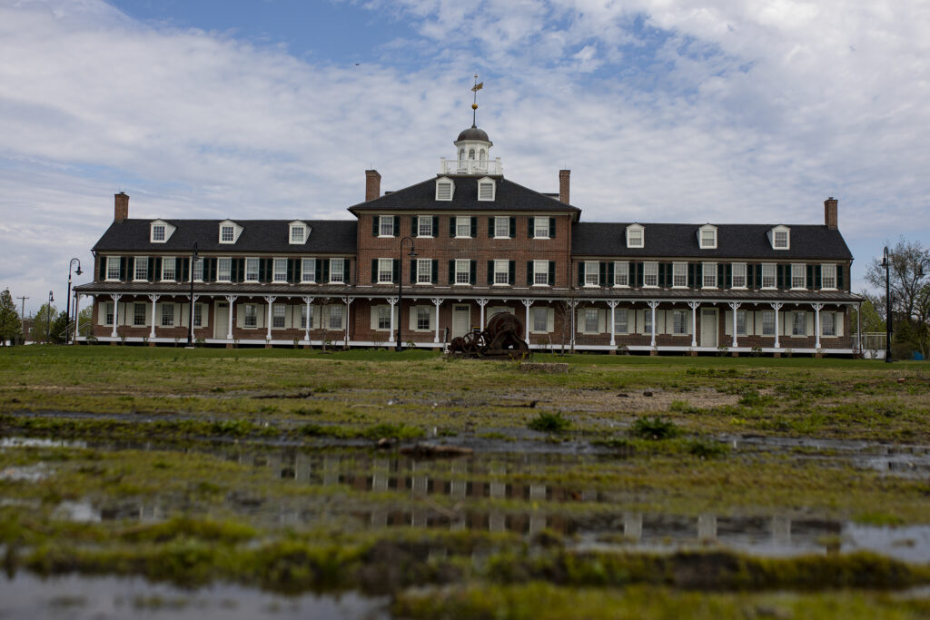 Exchange Quarantine Center This Tuesday, April 14, 2020 photo, shows the back side of the Lazaretto Quarantine Station that can be from the Delaware River in Tinicum Township, Pa.. The Lazaretto Quarantine Station was built in 1799 and was used as a quarantine station for immigrants and cargo entering the city of Philadelphia by way of the Delaware River. The building now serves as Tinicum Township's administration facility. (Tyger Williams/The Philadelphia Inquirer via AP)
