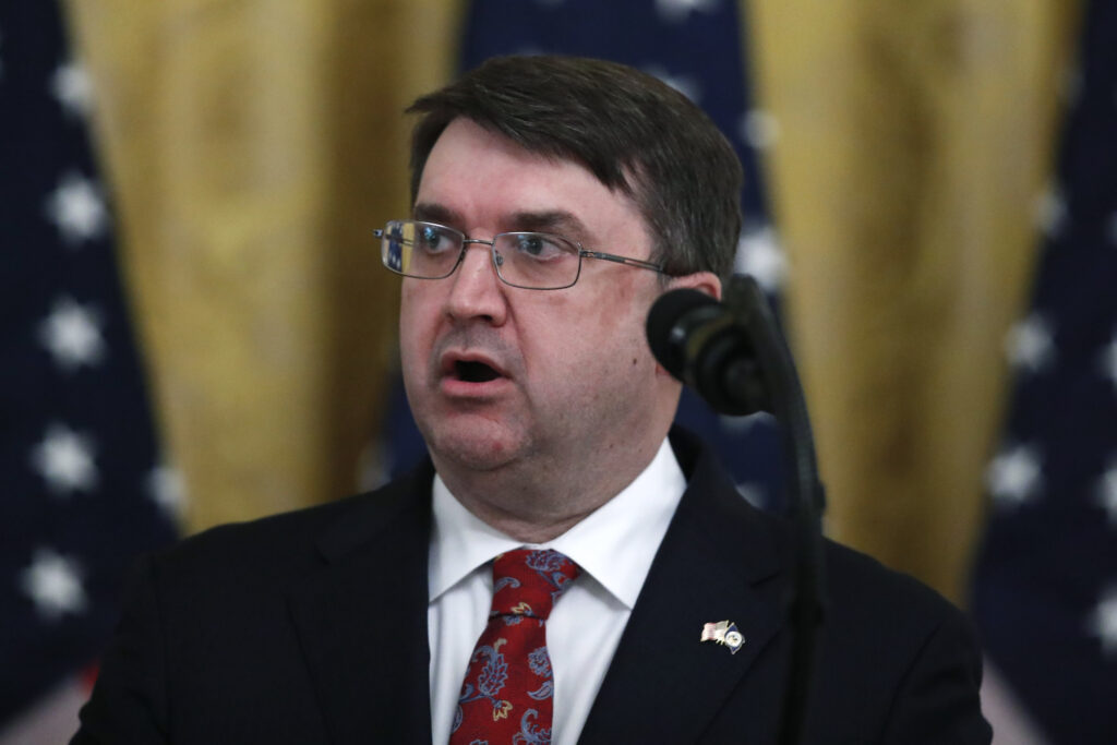 Virus Outbreak Trump Veterans Affairs Secretary Robert Wilkie speaks about protecting seniors, in the East Room of the White House, Thursday, April 30, 2020, in Washington. (AP Photo/Alex Brandon)