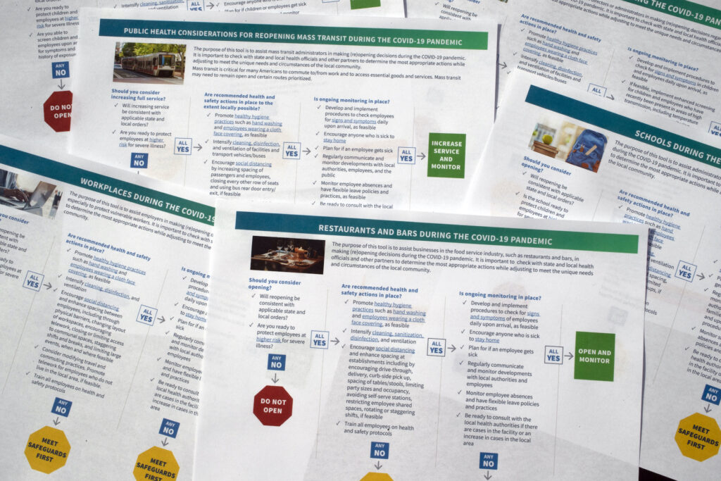 Virus Outbreak CDC Guidance Documents that U.S. health officials have released as part of some long-delayed specific guidance that schools, businesses, and other organizations can use as states reopen from coronavirus shutdowns are photographed Thursday, May 14, 2020. (AP Photo/Jon Elswick)